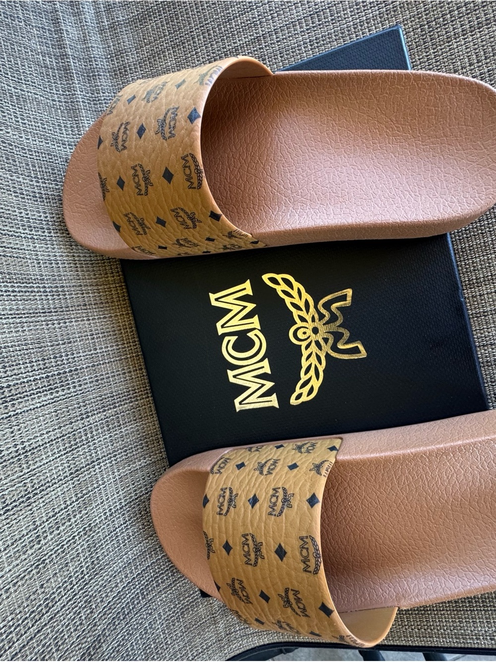 MCM Tan Cognac Visetos Logo Slide Sandals for Women